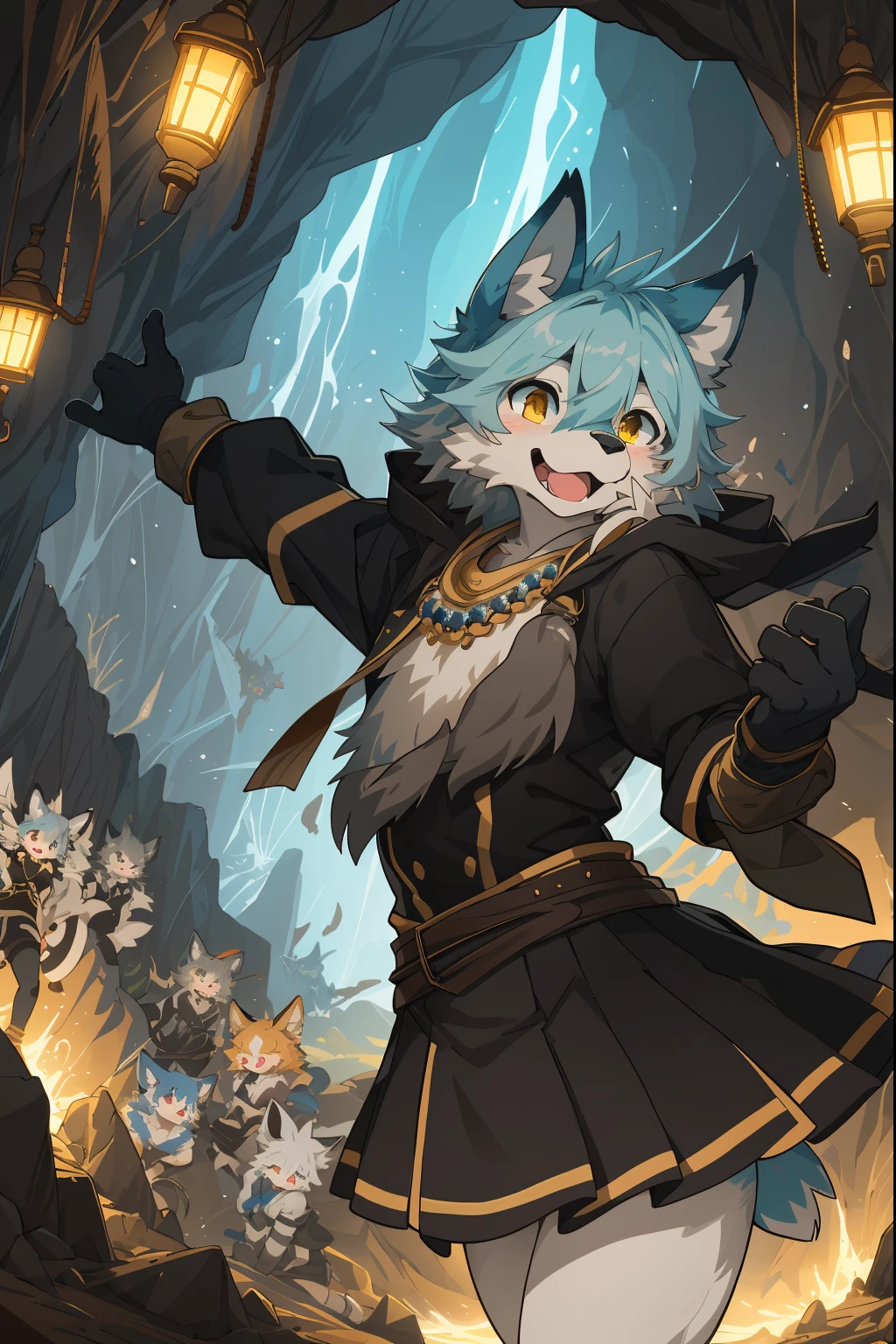 cover_page, highres, top quality, best quality, paid reward available, High-quality illustrations, unparalleled masterpiece, perfect artwork, absurdres, super high resolution, detailed background, A cave where jewels are clustered, 6+boys, 6+girls, Happy, joyful(Photos of solo travelers)(kemono, furry anthro)cinematic lighting, dynamic angle,