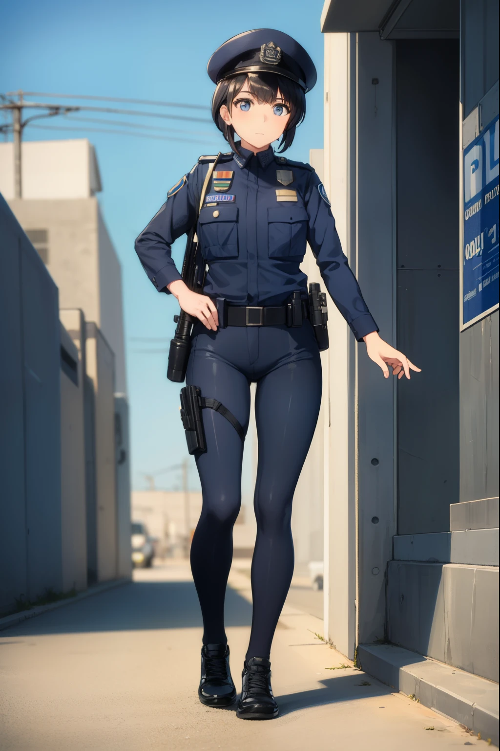 Cute girl, policewoman, wearing police uniform, police, in-depth details, pistol, Iraqi police clothing, full body