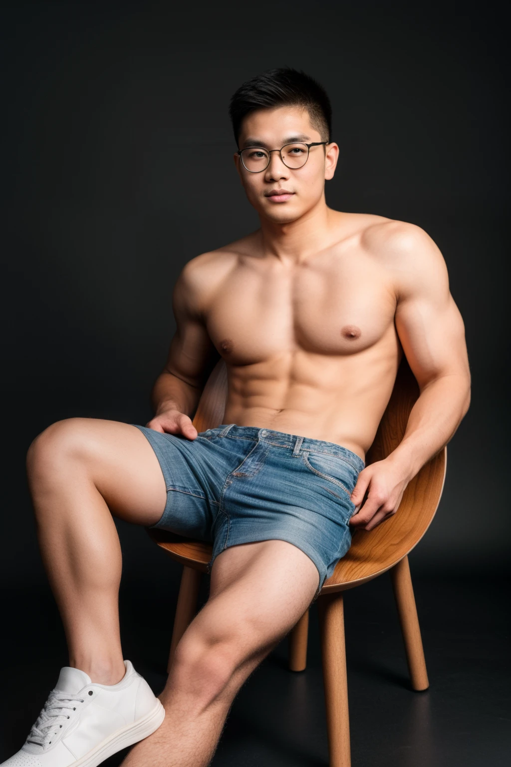 (Photo model), Andrew thomas huang, oval face, eyeglasses, neat muscular, shirtless, jeans shorts, sneakers, sitting in wooden chair, black background
