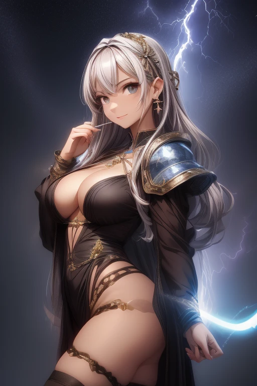1person, lady,MILF, mature body, adult, navel up shot, (holding wand:1.4), (shooting lightning with magic), (dynamic angle), (dynamic pose), (voluptuous lips), opened mouth, kissing lips , seductive smile, smiling full of compassion, heart shaped pupils, blushed, super beautiful, perfect body, medium large breast, opened mouth, thin eyebrows, top quality, wearing maidgical wizard girl costume, it is consist of long sleeved robe, delicate frilled, complicated pattern, (metal armor), flashy accessories, ((pierce on nose:1.5)), spiral cloud with lightning background,