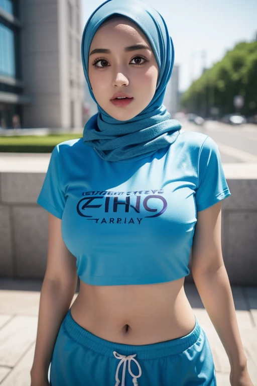 girl, hijab, beautiful, wearing Manchester City t-shirt, big breasts, UHD, masterpiece, anatomically correct, textured skin, super detail, high details, high quality, best quality, HD, 16k