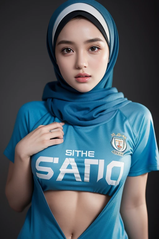 ((best quality)), ((masterpiece)), (detailed), perfect face, white skin glow, 1girl. a very beautiful young girl wearing a red hijab and a long blue t-shirt with the name "Yvonna" with long pants and red Nike shoes, her skin was clean and glowing white, she was exercising lifting barbells in a gym area, sweat was pouring down her tight clothes, she was smiling happily and looks very fresh, quiet sports gym atmosphere and full of sports equipment, full body, hyper realistic, detail focus, masterpiece, ultra HD 46k