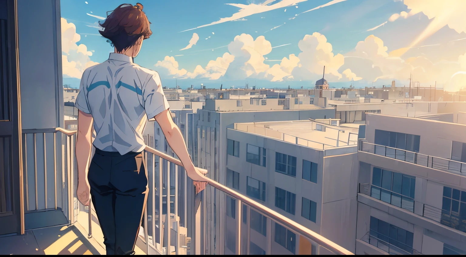 ! man,man standing at balcony,view from back,oikawa tooru,brown hair,back view,(((blue sky))),freedom,flying curtains,clouds,(((sunny))),white shirt,black pants