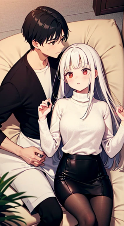 A couple, a woman, and a man, with the woman being petite, having long white hair, vibrant scarlet eyes, a white turtleneck sweater, a short black skirt, and black stockings. The man has short black hair, and both are lying on the living room sofa.