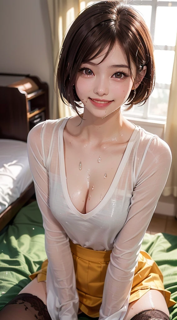 (top-quality、masutepiece、超A high resolution)、、(inside in room、Looking at the camera、Kamimei、Brown hair、a smile:1.5)、(Semen、a wet body:1.3)、25-years old、hi-school girl、short-hair、kawaii faces、(shirt、skirt by the、Black Knee High Socks)