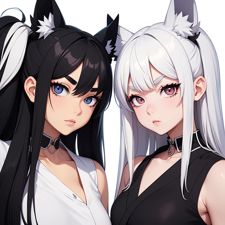 Woman, anime style, two headed, dog ears, half white on right side and half black on left side, black eyebrows on right face and white eyebrows on left face, two dog tails, humanized, woman’s faces