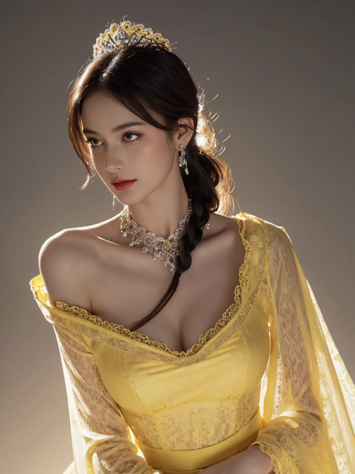 hay una mujer con un vestido amarillo sosteniendo un cigarrillo, pale snow white skin, Elegante piel amarilla, pale porcelain white skin, very beautiful elven top model, ((a beautiful empress of fantasy)), porcelain pale skin, with pale skin, Sha Xi, Hermosa mujer amarilla, hermosa parte superior del cuerpo realista, Rococo Queen, a beautiful empress of fantasy, Hermosa Delphine