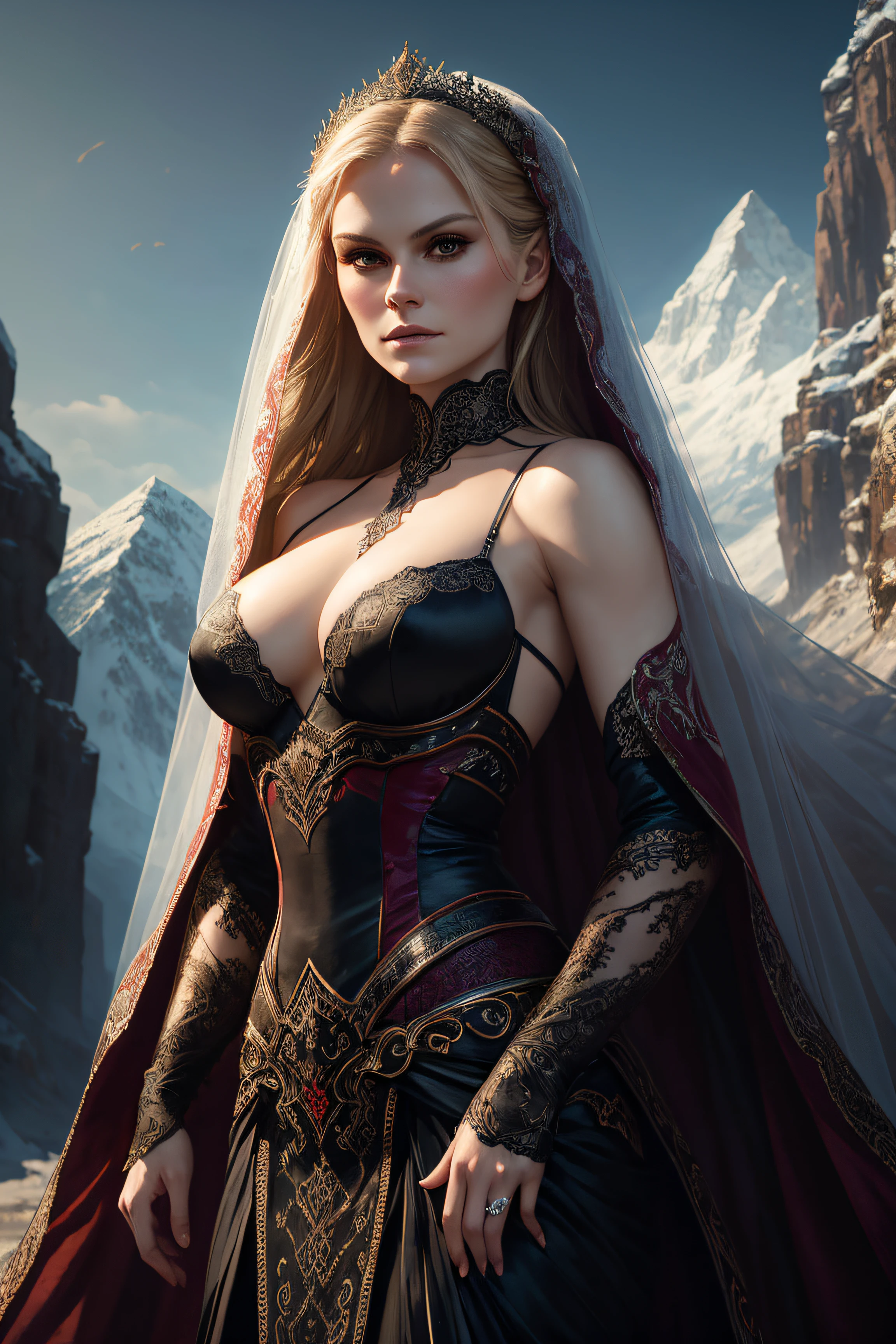 Anna Paquin, veil bride sexy clothes, stand against the background of the mountains, character portrait, 3 9 9 0 s, long hair, intricate, elegant, highly detailed, digital painting, artstation, concept art, smooth, sharp focus, illustration, art by wlop, charlie bowater and alexandra fomina