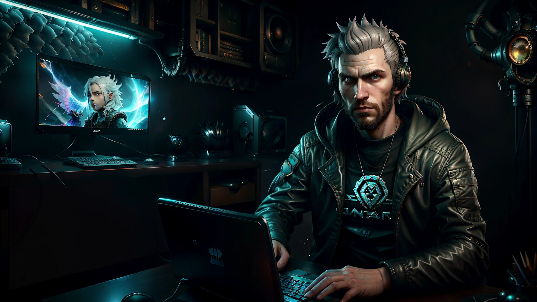 um homem pardo, cabelo branco, usando jaqueta preta, com fone de ouvido,, sentado em frente a um computador, looking at front camera, computador ao fundo, estilo cyberpunk, com um besouro no colo, ornamentos sobre suas penas, computer graphics by Paul Kelpe, vencedor do concurso pixabay, arte de computador, renderizada em Cinema4d, renderizada em irreal engine, renderizada em maya, 8k high definition detailed image.