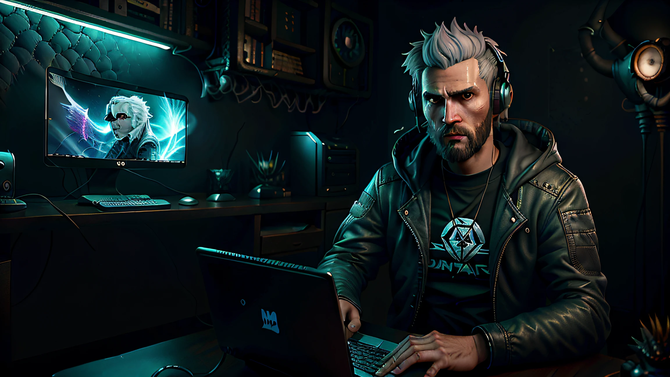 um homem pardo, cabelo branco, usando jaqueta preta, com fone de ouvido,, sentado em frente a um computador, looking at front camera, computador ao fundo, estilo cyberpunk, com um besouro no colo, ornamentos sobre suas penas, computer graphics by Paul Kelpe, vencedor do concurso pixabay, arte de computador, renderizada em Cinema4d, renderizada em irreal engine, renderizada em maya, 8k high definition detailed image.