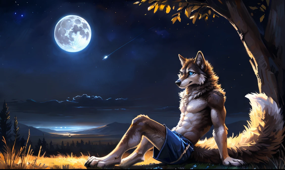 ((Solo)), male people, anthro wolf, (Multi-colored fur, White-brown:1.3, White tail pointed), (Height 2.1 meters,Tail length 1.5m), ((Wolf face, Big eyes, White eyelids, Blue pupil, Slim:1.2) (Tough, Calm expression:1.2)), Abs, Slim, pinging)), (Correct body anatomy), (Work shorts:1.1), The upper body is naked, (detailed outfits),A long big tail，(Realistic fur, Detailed fur texture, labeled:1.3)), (Natural lighting), Photorealistic, Hyperrealistic, ultradetailed, by Kenket，the night，Sit alone，Endless grasslands，Look at the full moon，It was dark，Starry