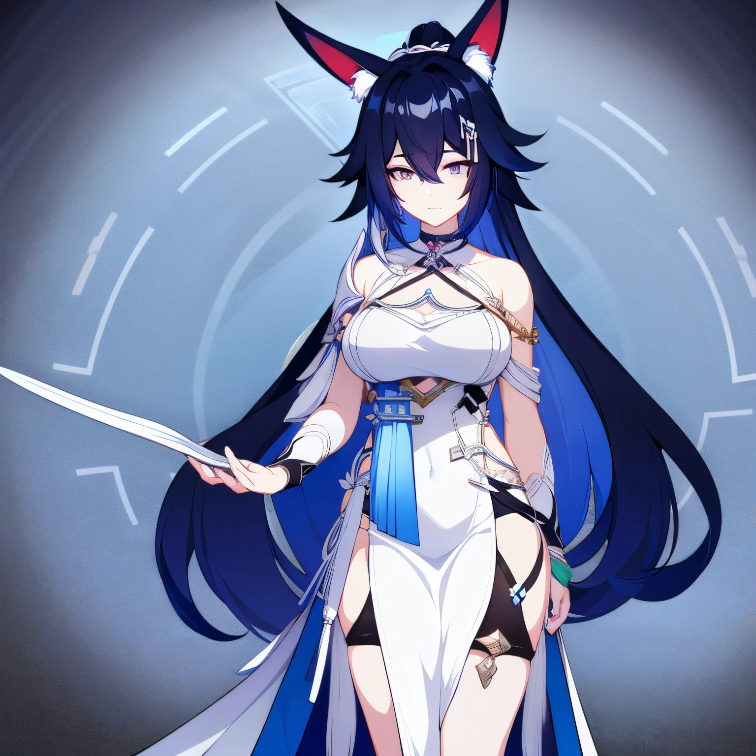 A girl. Dark blue hair with bright blue streaks. loose hair. pale eyes. White Japanese outfit with lots of jewelry. Fox ears and fox tails.