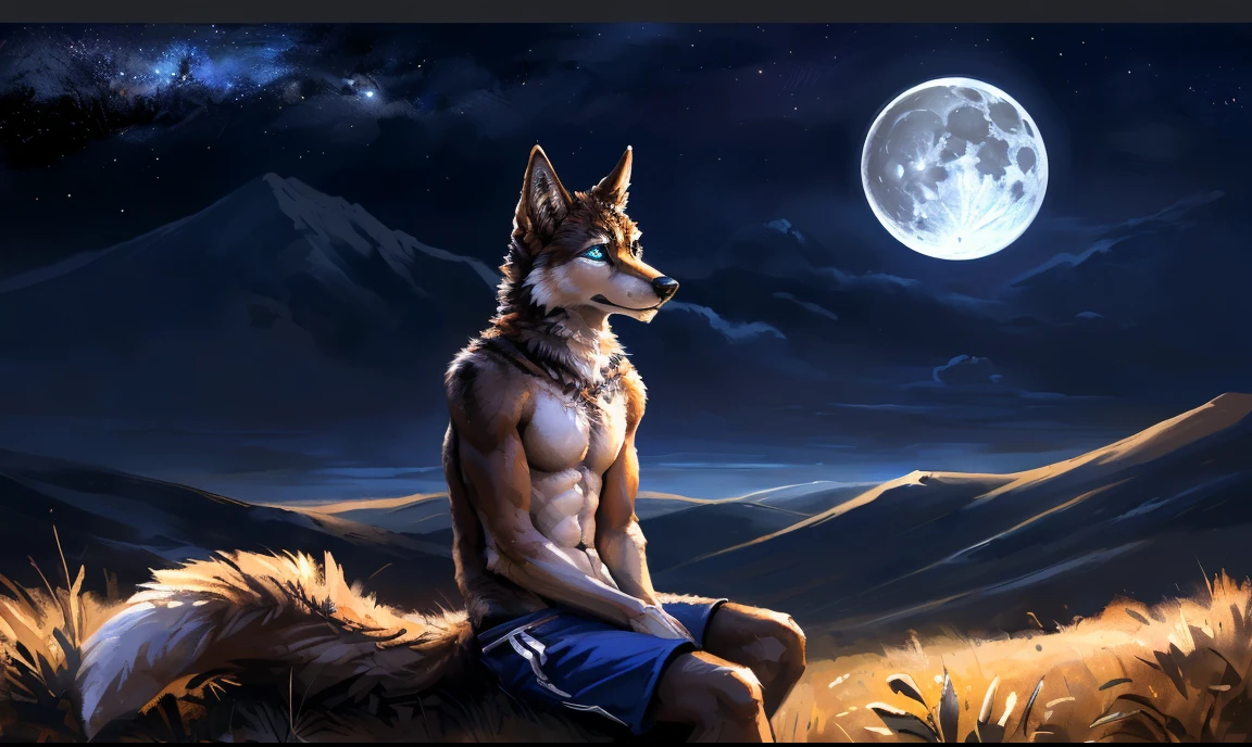 ((Solo)), male people, anthro wolf, (Multi-colored fur, White-brown:1.3, White tail pointed), (Height 2.1 meters,Tail length 1.5m), ((Wolf face, Big eyes, White eyelids, Blue pupil, Slim:1.2) (Tough, Calm expression:1.2)), Abs, Slim, pinging)), (Correct body anatomy), (Work shorts:1.1), The upper body is naked, (detailed outfits),A long big tail,(Realistic fur, Detailed fur texture, labeled:1.3)), (Natural lighting), Photorealistic, Hyperrealistic, ultradetailed, by Kenket,the night,Sit alone,Endless grasslands,Look at the full moon,It was dark,Starry