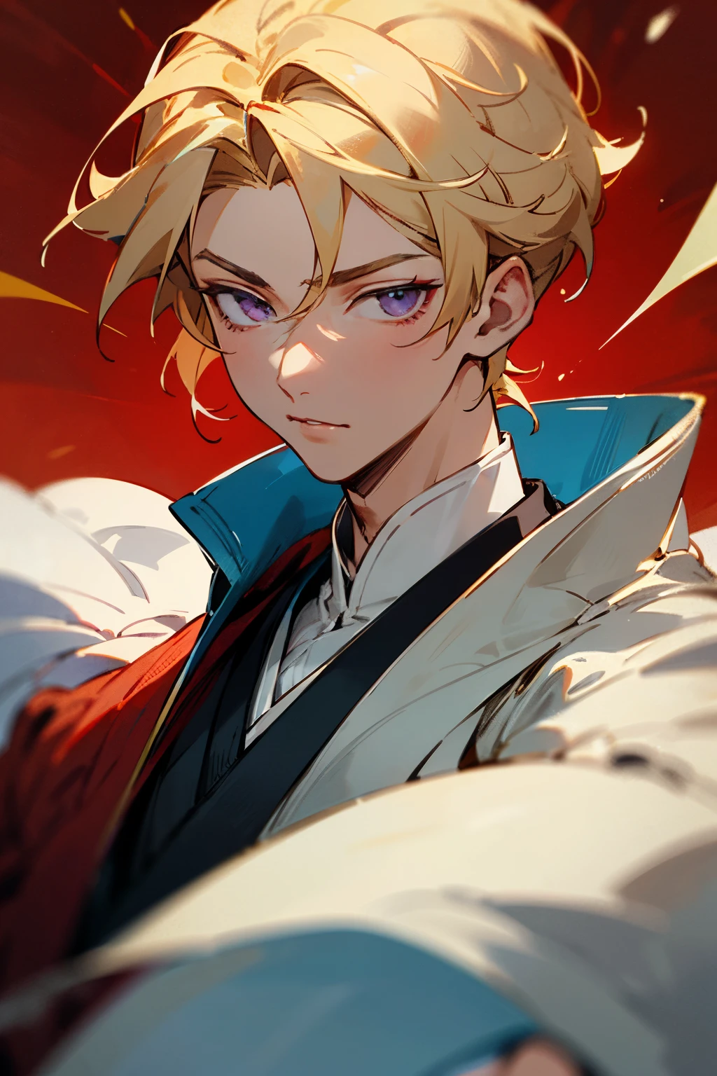 a close up of a man wearing a red coat and a white collar, beautiful androgynous prince, delicate androgynous prince, portrait of magical blond prince, handsome prince, royal elegant pose, anime handsome man, ((wearing aristocrat robe)), handsome guy in demon slayer art, anime portrait of a handsome man, casimir art, renaissance prince, taisho roman, purple eyes, blonde gelled hair, long 
undercut hairstyle, very short hair, blink stars, suit