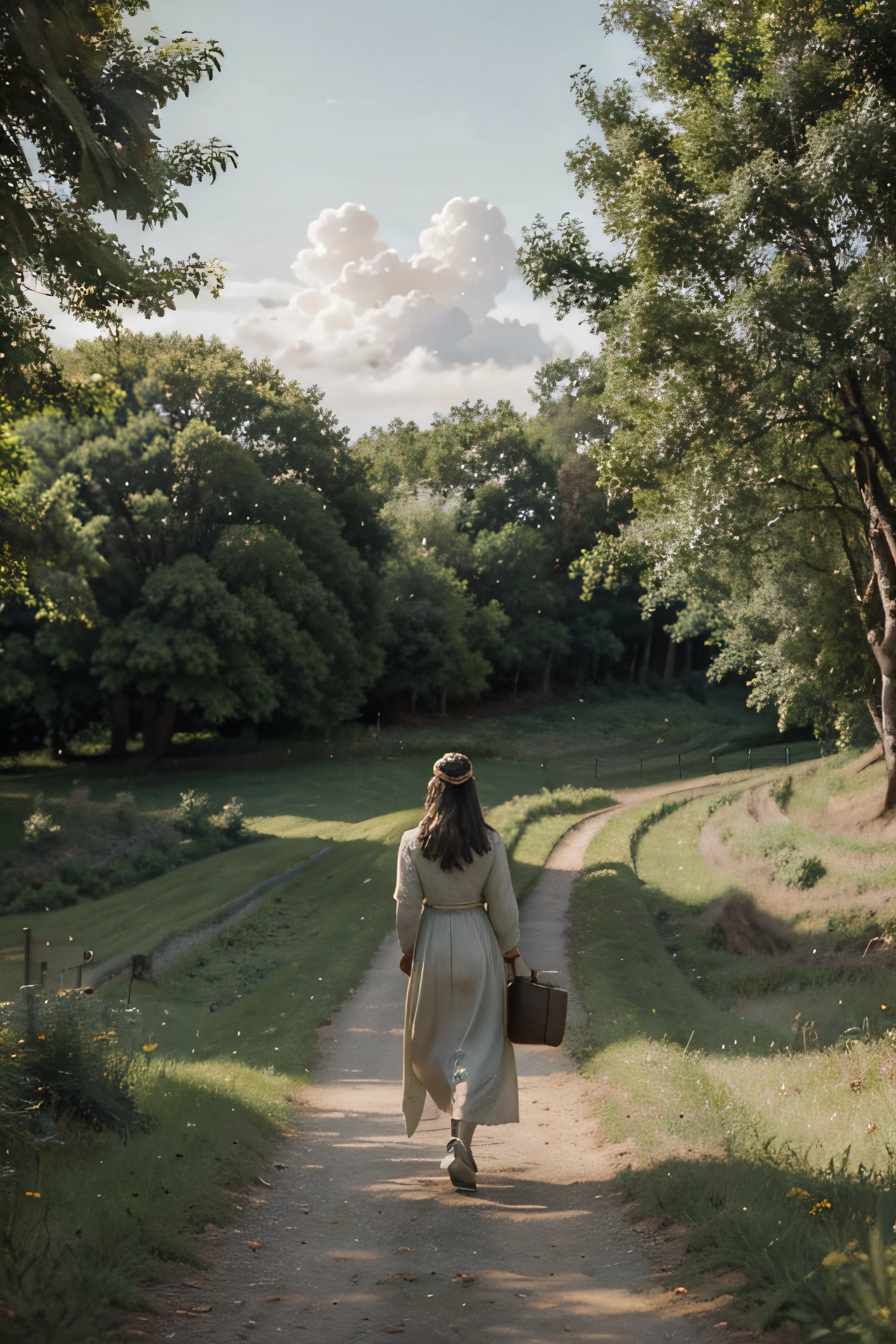 Title: "Journey Towards the City Dreams"

Description:
Illustrate an enchanting scene where a young woman is depicted leaving a countryside setting, heading towards a distant city to pursue her dreams. Emulate the artistic styles of Monet and Da Vinci, creating a hand-painted artwork that exudes mystery, hope, and contemplation about the future.

Scene Details:
- The young woman, portrayed from a distance, walks along a winding dirt path leading away from a quaint countryside town nestled amidst rolling hills and fields.
- She carries two suitcases, symbolizing her aspirations, as she sets off towards a distant, sprawling cityscape on the horizon.
- In the background, the silhouette of the city emerges, hinting at a grander destination for her journey.
- The countryside setting includes charming cottages, winding roads, and a peaceful ambiance that contrasts with the bustling city ahead.
- Soft sunlight bathes the landscape, casting warm, vibrant colors across the scenery.

Artistic Style:
- Emulate the impressionistic brushwork of Monet and the detailed, atmospheric style of Da Vinci to create a hand-painted masterpiece.
- Use bold brushstrokes and a varied color palette to infuse depth and movement into the scene.
- Capture the essence of both artists by blending the dreamy quality of Monet's work with the meticulous detail and composition of Da Vinci's paintings.

Christian Message:
- Infuse the artwork with a message of faith, hope, and trust in God’s guidance as the young woman embarks on her journey towards her dreams, in line with Christian values.

Create an artwork that merges the charm of a countryside town, the anticipation of a distant city, and the journey of a young woman, blending the artistic styles of Monet and Da Vinci to evoke a sense of wonder, hope, and contemplation.
