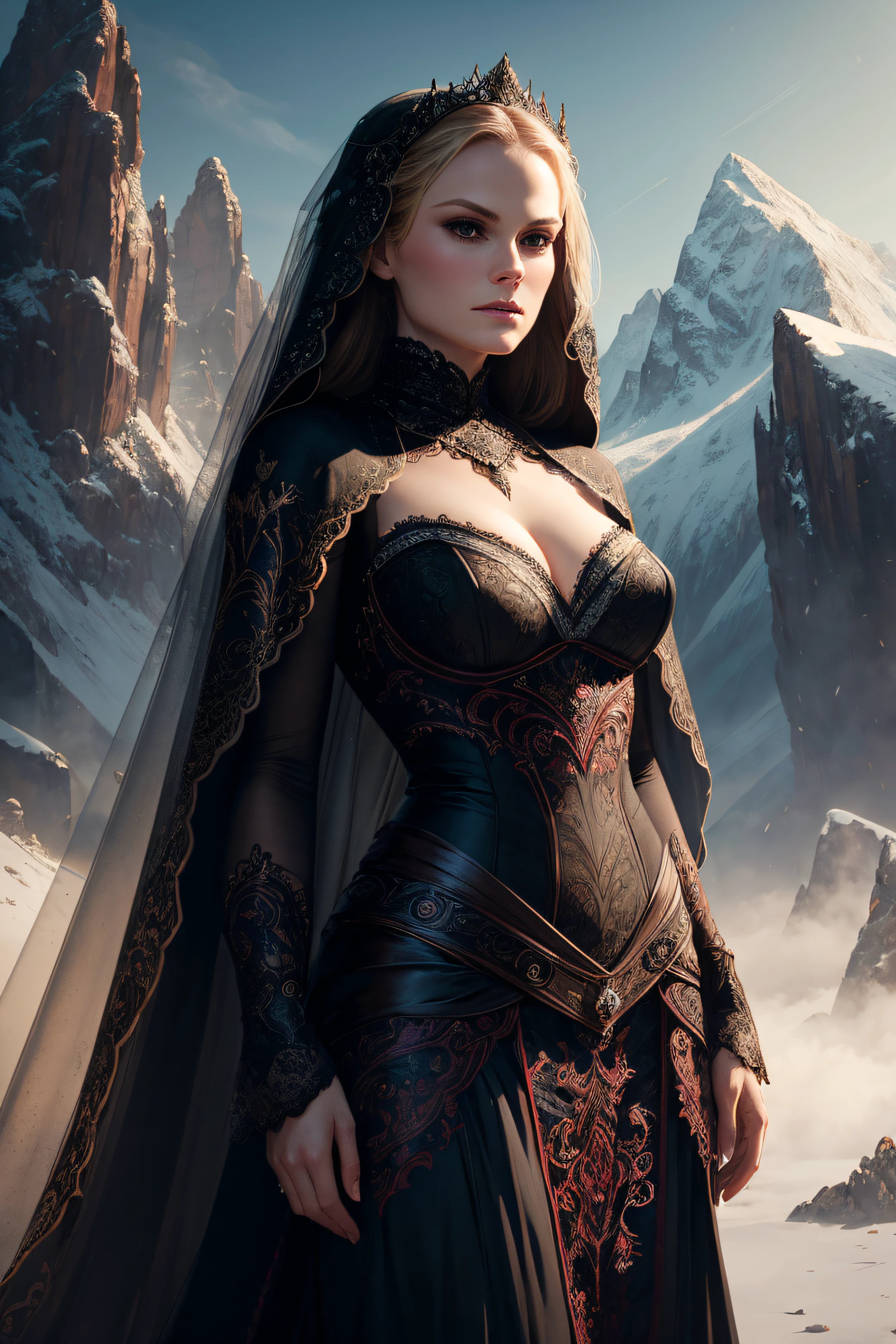 Anna Paquin, veil bride sexy clothes, stand against the background of the mountains, character portrait, 3 9 9 0 s, long hair, intricate, elegant, highly detailed, digital painting, artstation, concept art, smooth, sharp focus, illustration, art by wlop, charlie bowater and alexandra fomina
