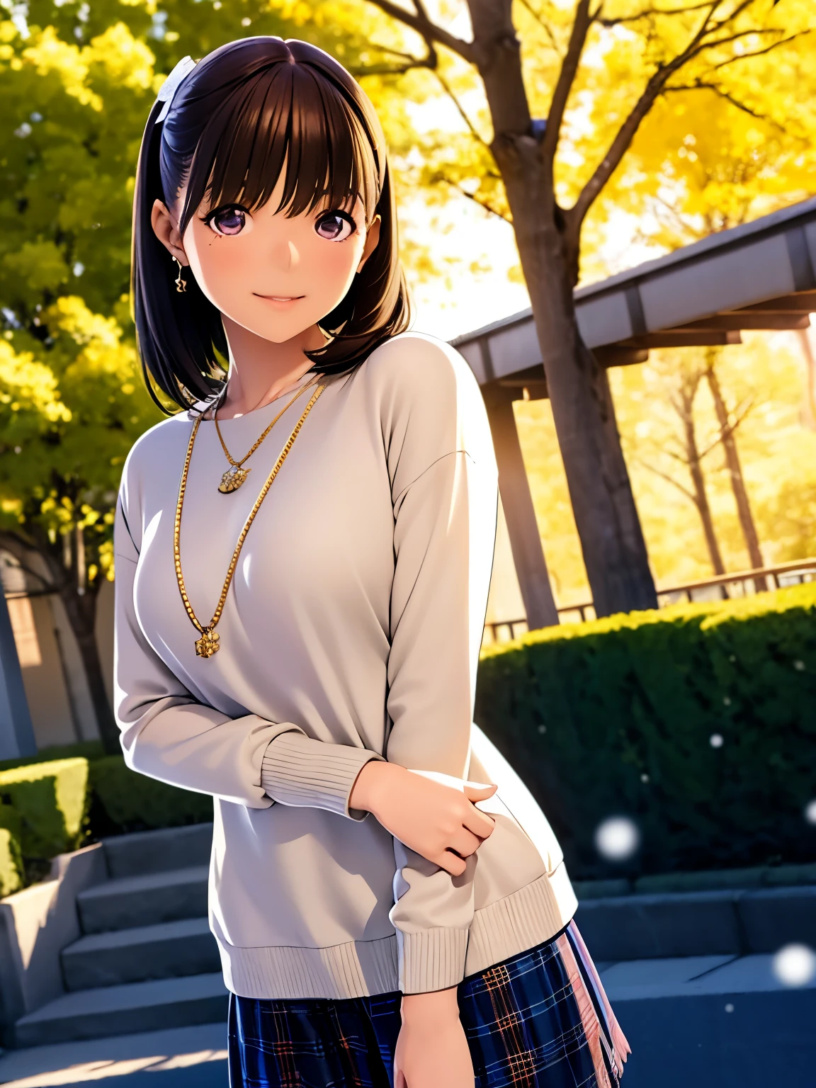 hight resolution,8K,Best Quality,detaileds,semi - realistic anime,Anime 3D Style,Smooth Anime CG,1 girl in,20 year old woman in Japan,slim,modeled,shiny chestnut hair,Medium Hair,Detailed face,Beautiful and detailed eyes,Glowing skin,(layered clothes,Winter clothes),earring beautiful,a necklace,Winter in Japan,dead wood,leaves falling,Hard Focus、film grains,Soft lighting,the wind,looking at the viewers,A smile,