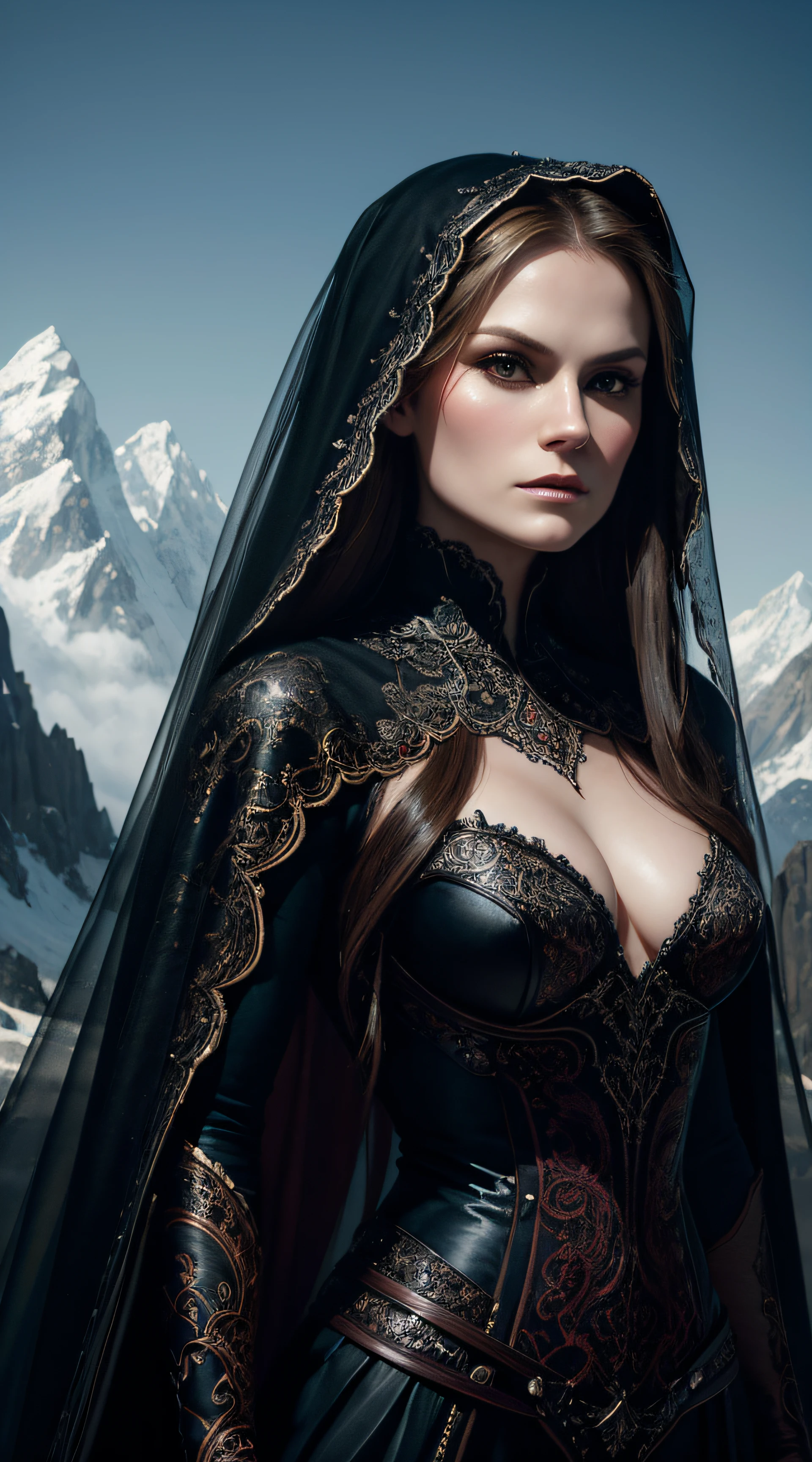Anna Paquin, veil bride sexy clothes, stand against the background of the mountains, character portrait, 3 9 9 0 s, long hair, intricate, elegant, highly detailed, digital painting, artstation, concept art, smooth, sharp focus, illustration, art by wlop, charlie bowater and alexandra fomina