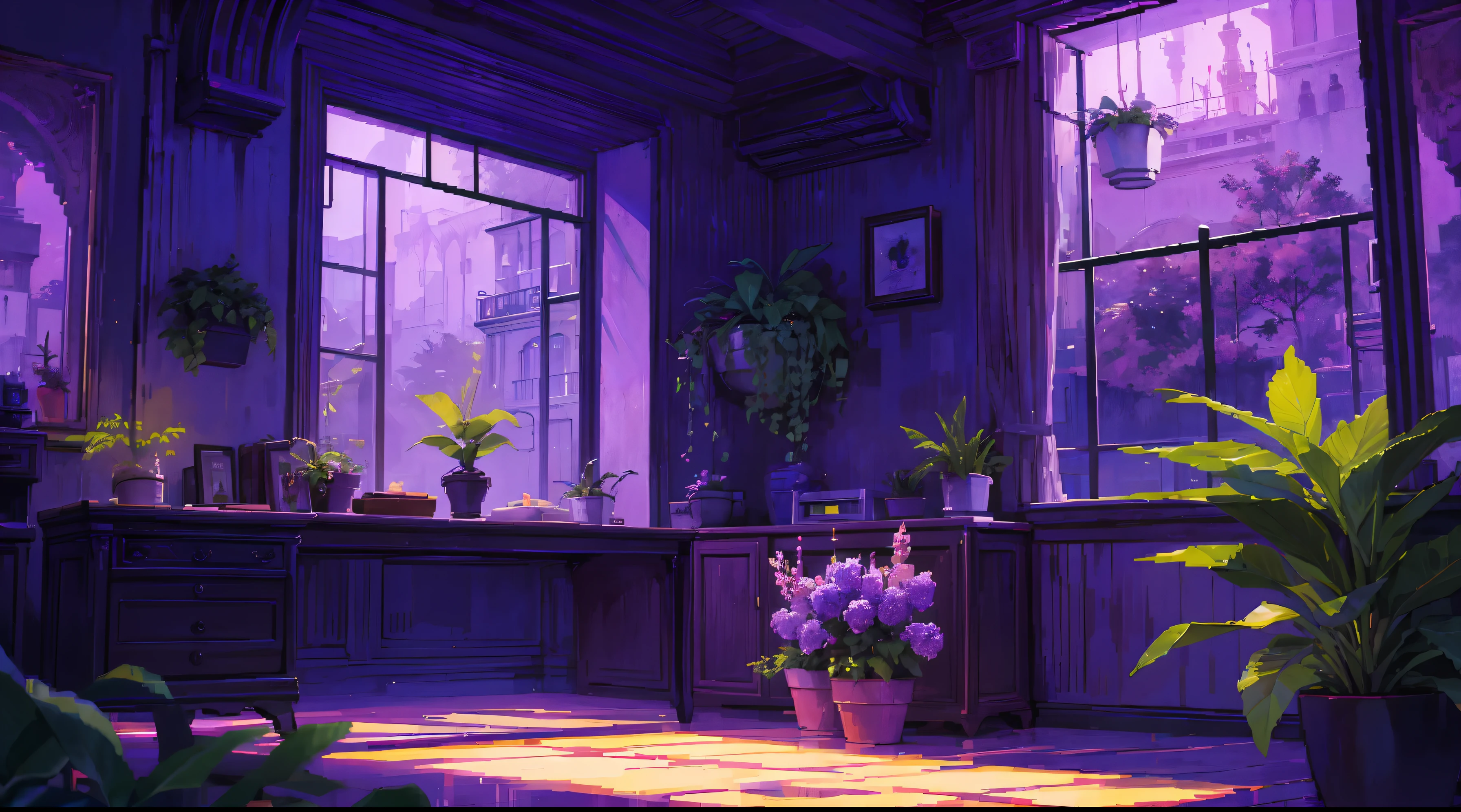 Pixel art, Dimly lit purple room, janela ao fundo, noite, cozy e cheia de plantas nos lados