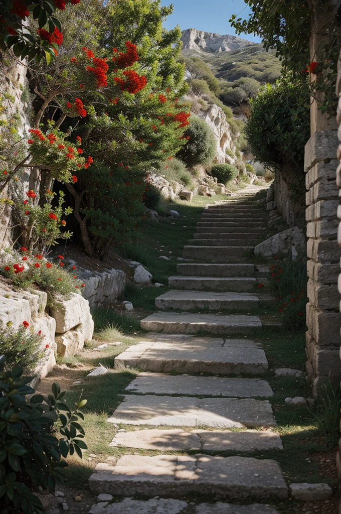 mediterranean landscape, white rocks, path up mountain, trees with dark leaves, red flowers