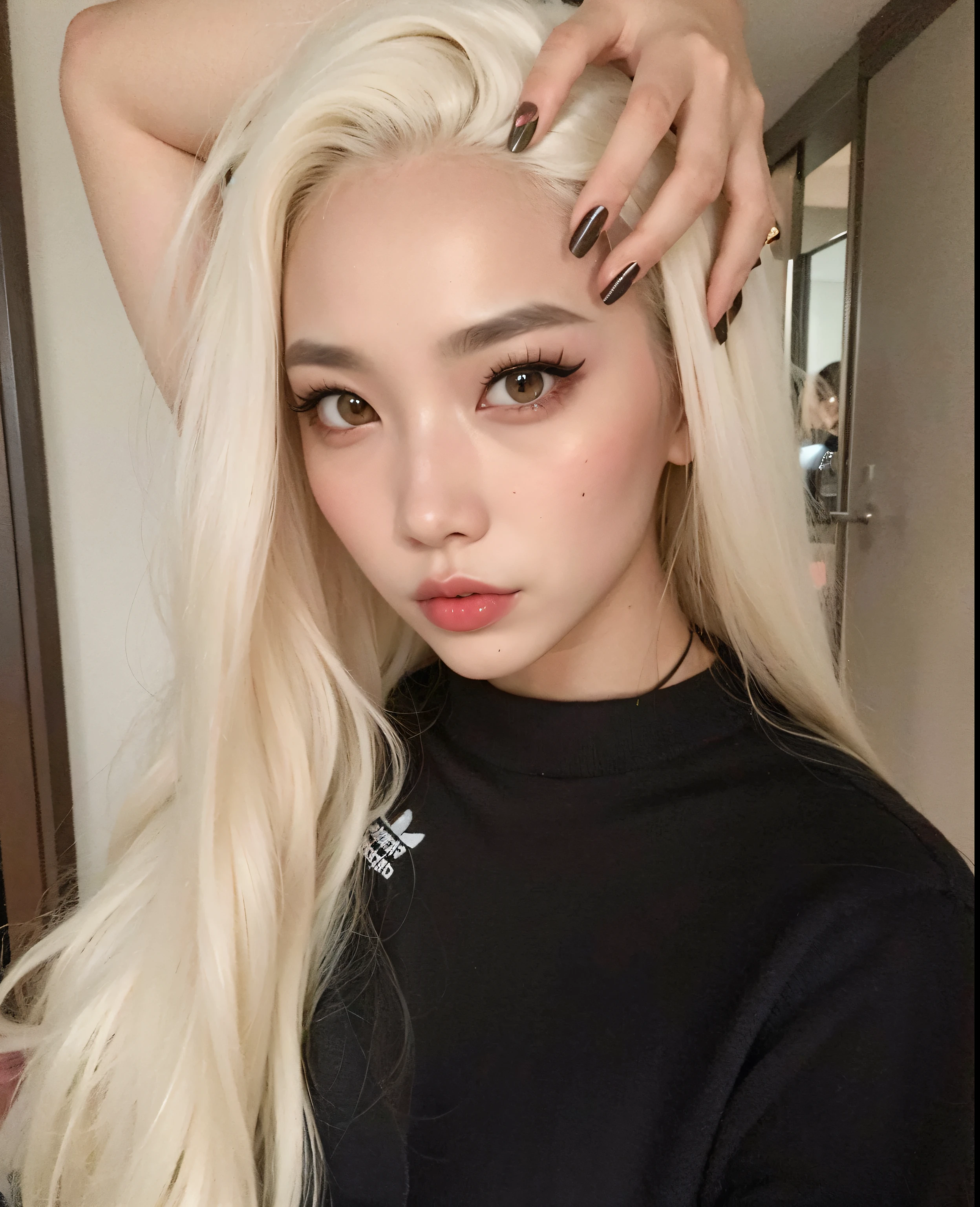 mulher loira com cabelo comprido mostrando sinal de paz com os dedos, Parque Roseanne do Blackpink, Shikami, 18 anos, com o dedo indicador, 1 6 anos, Bae Suzy, ela tem cerca de 1 6 anos de idade, 19-year-old girl, com rosto redondo, jossi do blackpink, Junko Enoshima, ela tem cerca de 20 anos
