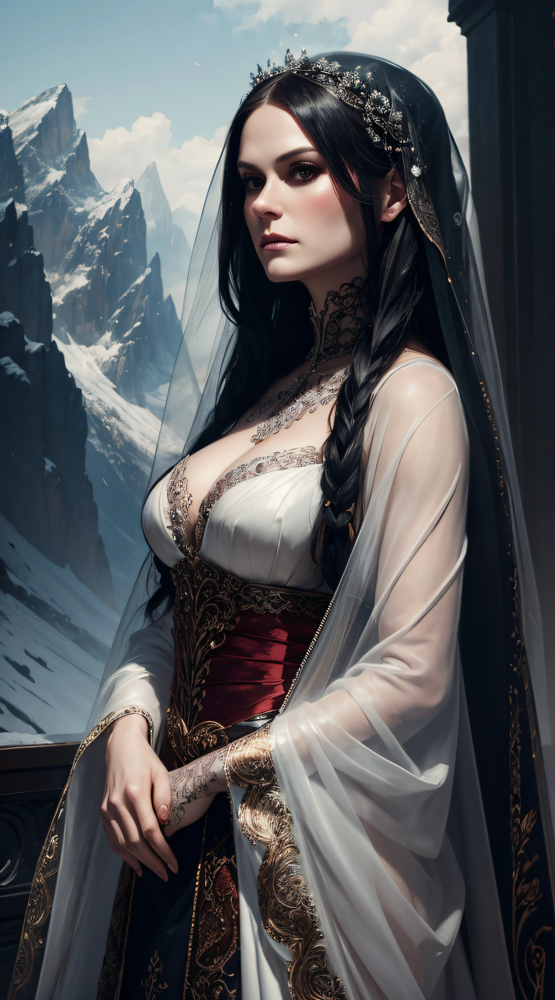 Anna Paquin, veil bride sexy clothes, stand against the background of the mountains, character portrait, 3 9 9 0 s, long hair, intricate, elegant, highly detailed, digital painting, artstation, concept art, smooth, sharp focus, illustration, art by wlop, charlie bowater and alexandra fomina