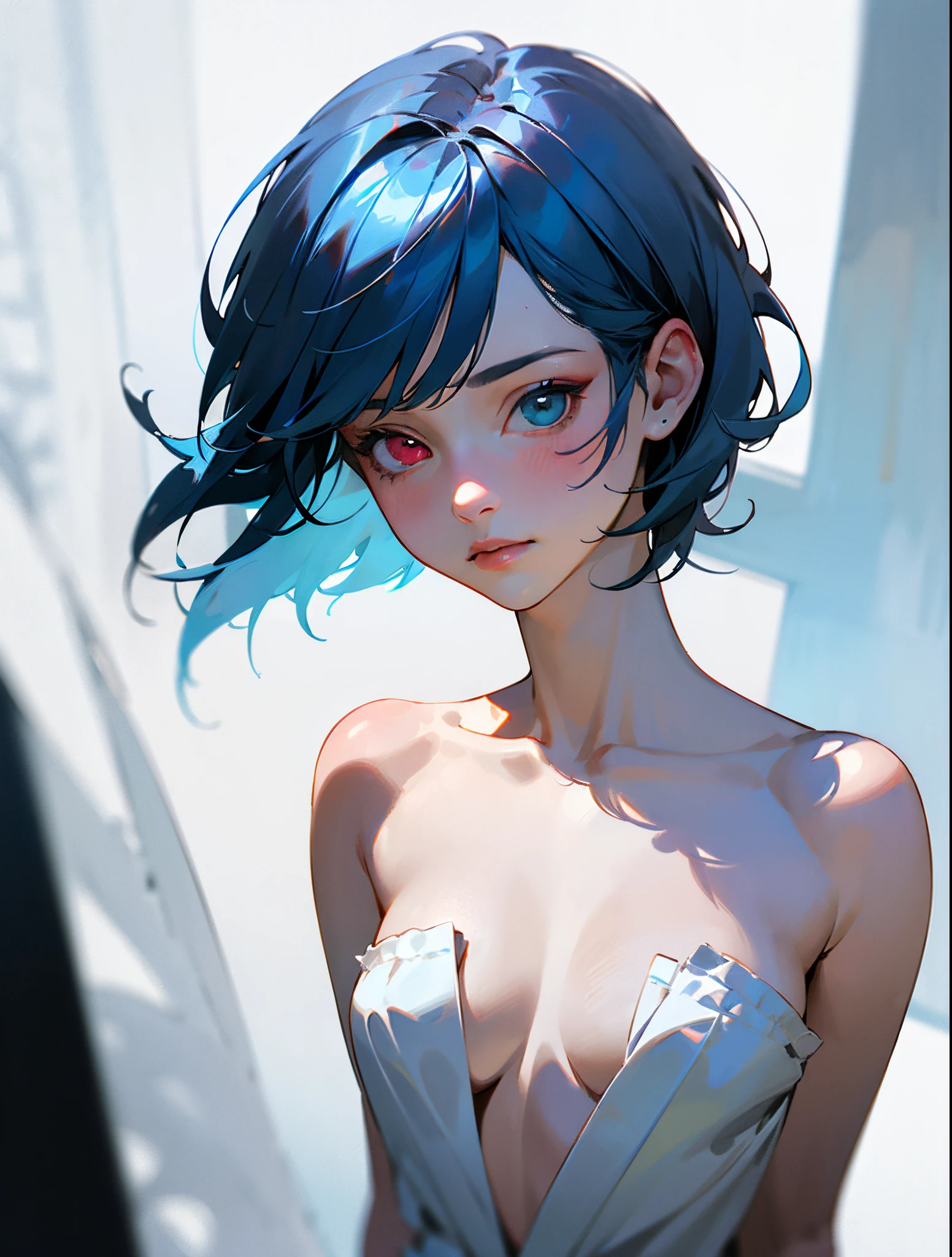 ((masterpiece)), ((best quality)), ((HD 4k)) ((realistic1.2)),girl, blue hair, short hair, inticrate detail, sllicked side hair, diamond, heterochromia eyes, undressed