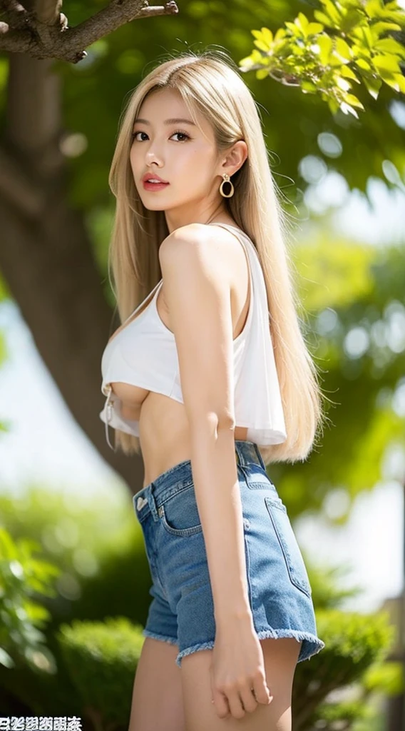 Beautiful blonde，Long hair、huge boob、Denim skinny shorts、Detail portrayal、8K、真实感、Cleavage can be seen、Sunnyday、Wheat-colored skin、超高分辨率，Thin and tall，standing under a tree，Side Body，Turn your head to look at the camera，Abs can be seen，Butt against tree，Lean forward，With a gold necklace，Large earrings，Anklets，Full body photo