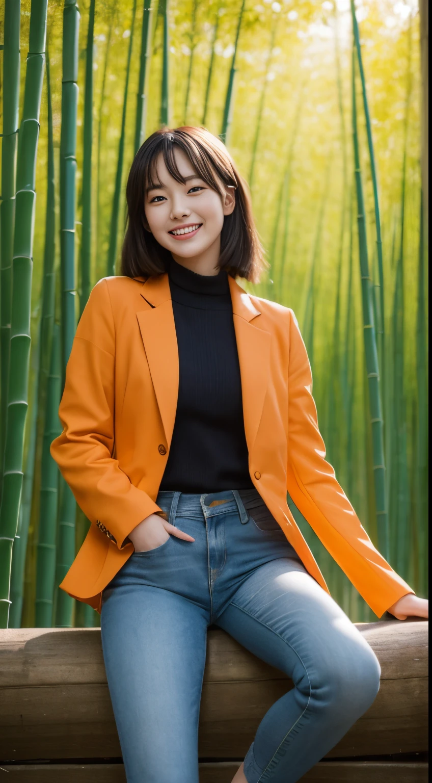 On a vibrant autumn afternoon,Figure 1 is from the highest quality 8K masterpiece.3,Shows a 19 year old girl。She is wearing an orange blazer and skinny jeans,Sitting quietly in the bamboo forest。Sunlight shines through mottled bamboo leaves,A layer of soft light and shadow enveloped her body。Her skin looks fairer in the sun,Contrast with orange blazer。 From this point of view,we can see the girl'of the whole body。She is slim and healthy,This sportswear suits her figure very well,show her energetic image。Her legs spread naturally,Cross your hands at your waist,appear confident and powerful。 That girl'The eyes are bright and determined,smiling and looking into the camera,It seems to be telling a story about struggle and hard work.。Her smile is like the autumn sunshine shining in the bamboo forest,Make people feel the vitality of youth and vitality of life。in this picture,We seem to feel her inner determination and love for life。 Surrounded by dense bamboo forest,Abundant greenery,The river is gurgling,Create dynamic scenes with girls。This scene is like a passionate poem,Telling about the beautiful time in autumn afternoon。