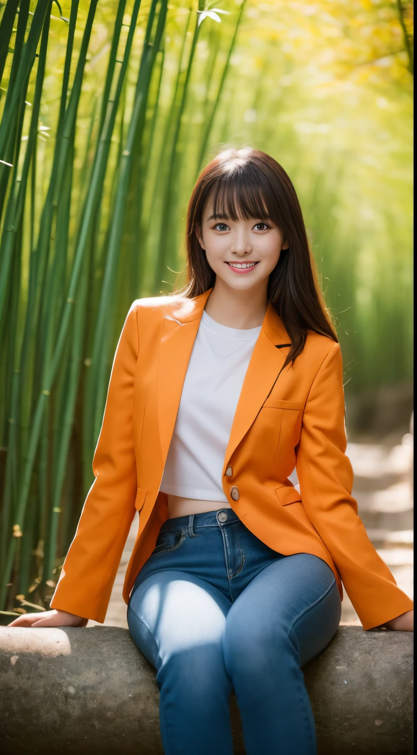 On a vibrant autumn afternoon，Figure 1 is from the highest quality 8K masterpiece.3，Shows a 19 year old girl。She is wearing an orange blazer and skinny jeans，Sitting quietly in the bamboo forest。Sunlight shines through mottled bamboo leaves，A layer of soft light and shadow enveloped her body。Her skin looks fairer in the sun，Contrast with orange blazer。 From this point of view，we can see the girl&#39;of the whole body。She is slim and healthy，This sportswear suits her figure very well，show her energetic image。Her legs spread naturally，Cross your hands at your waist，appear confident and powerful。 That girl&#39;The eyes are bright and determined，smiling and looking into the camera，It seems to be telling a story about struggle and hard work.。Her smile is like the autumn sunshine shining in the bamboo forest，Make people feel the vitality of youth and vitality of life。in this picture，We seem to feel her inner determination and love for life。 Surrounded by dense bamboo forest，Abundant greenery，The river is gurgling，Create dynamic scenes with girls。This scene is like a passionate poem，Telling about the beautiful time in autumn afternoon。