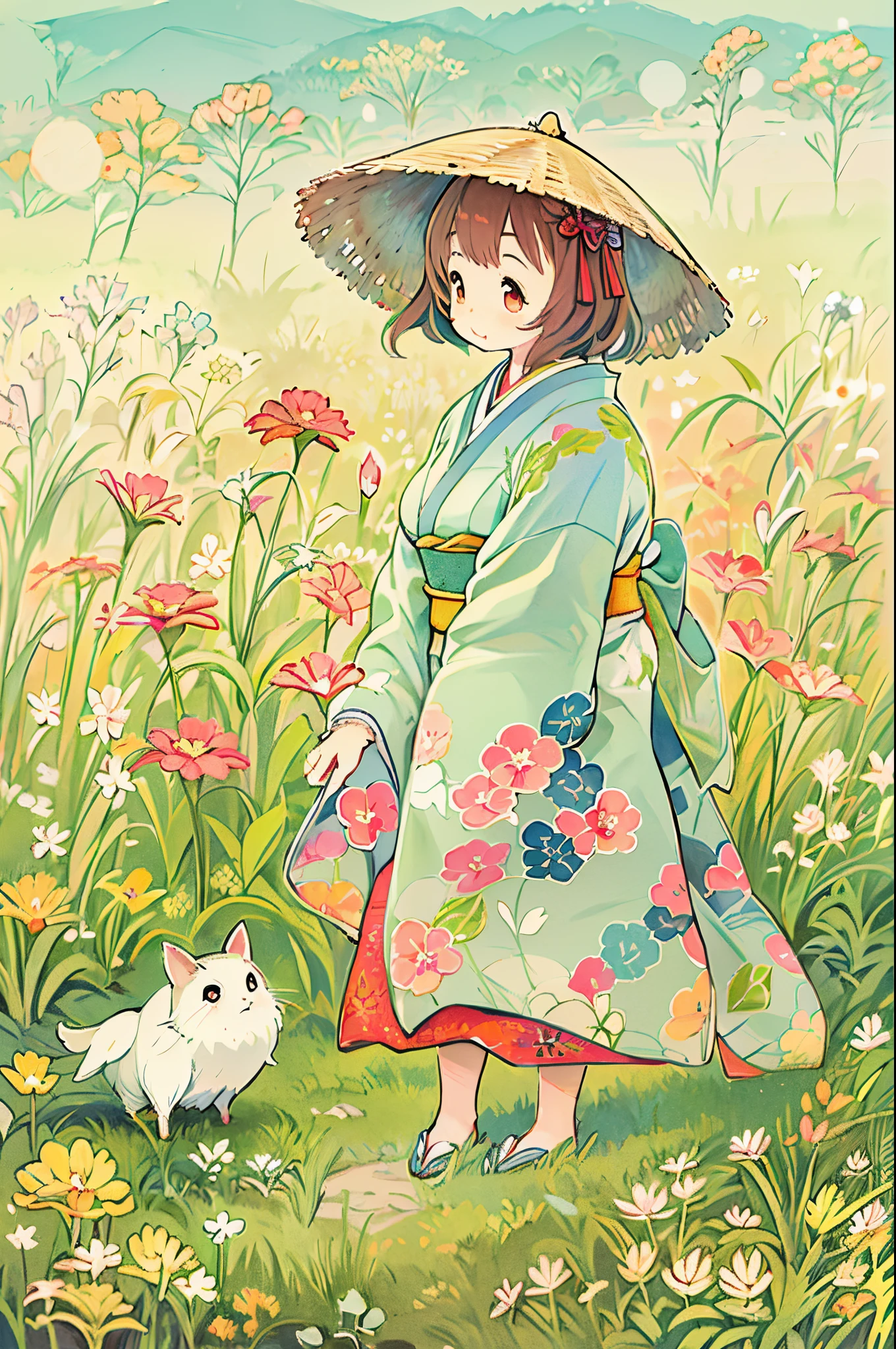 fairytale illustration/Reiko Ikemura, pixabay, simple art, full color illustration, Cute fairy tale illustration, Picture book illustration, Illustration, Hayao Miyazaki's style, In the field, Kimono, Kimono