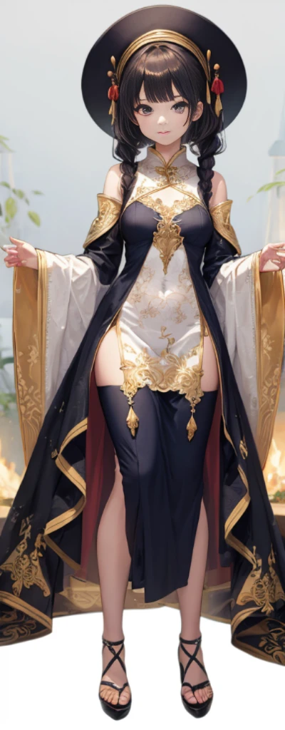 whole body from head to toe, body and face facing to the left, a 28 year old young sorcerer woman was standing on the street, dull gray hair, bright yellow eyes, wearing a black robe with gold ornaments, whole body from head to toe, body and face facing to the left, a 28 year old young sorcerer woman was standing on the street, dull gray hair, bright yellow eyes, wearing a black robe with gold ornaments.