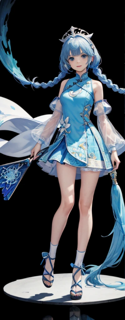 （Full body photo），Fluorescent background，（Final Fantasy Yuna，Flash fluorescence，Hats，Transparent tulle jk，Delicate headgear，ssmile），（paper art，Quilted paper art，geometry），（Lots of colors，Best quality，high detal，tmasterpiece，movie light effect，4K，lightand shade contrast），Blue transparent tulle cheongsam，pigtails，Red knee-length socks，eBlue eyes，long braid， Final Fantasy Yuna