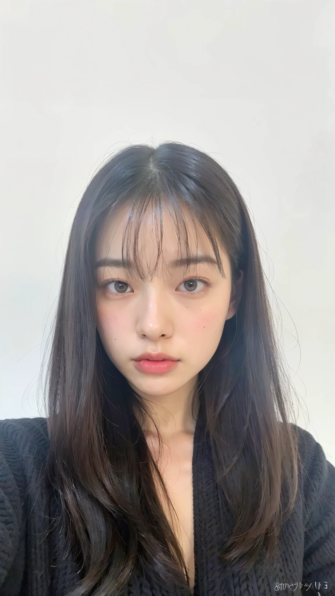 (Best quality, 8k, 32k, Masterpiece, UHD:1.2),Photo of Pretty Japanese woman, large breasts, very short bob hair,upper body,face focus,oversized_sweater, necklace, simple background, from above, looking at viewer,
