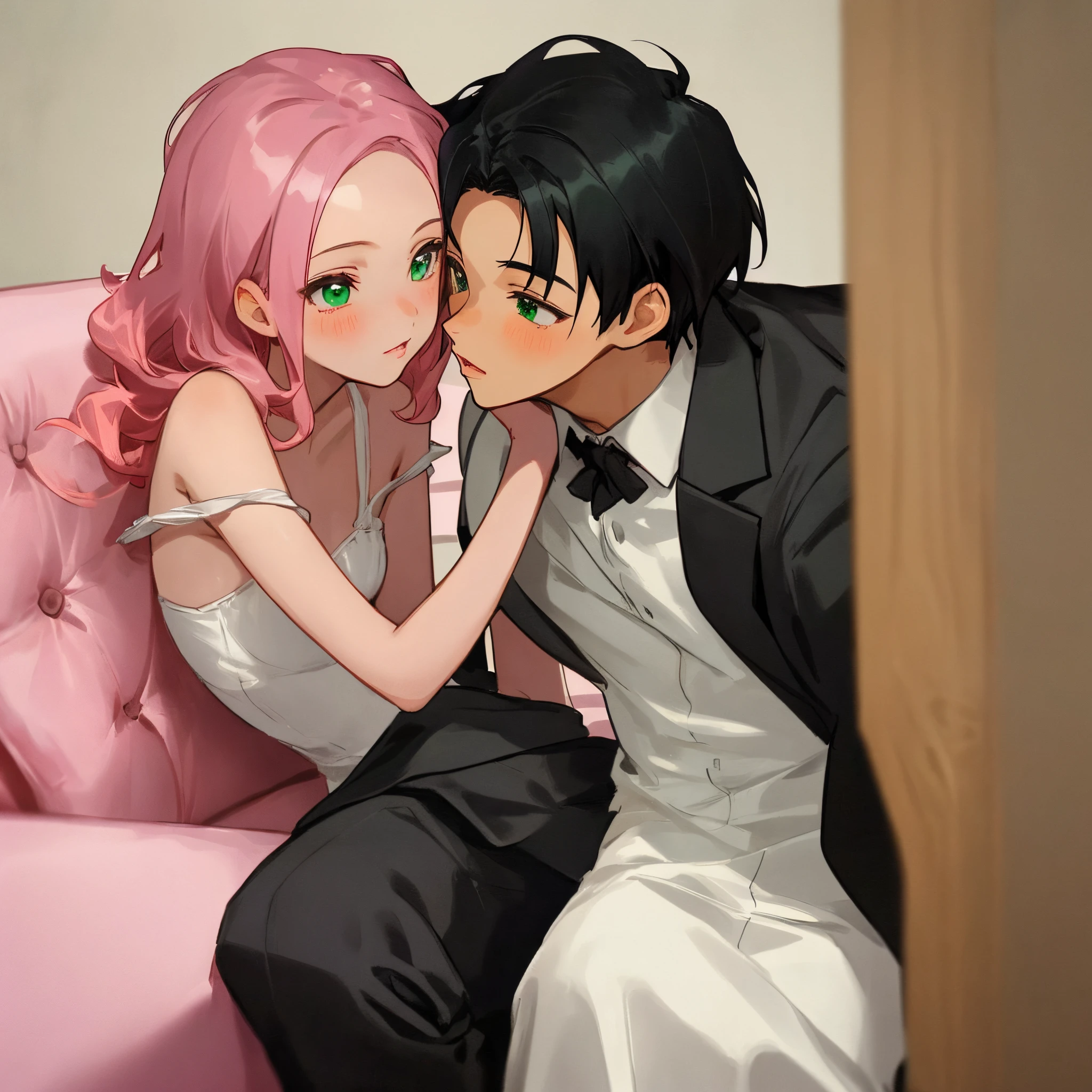 masutepiece, Best Quality, super detailed, Illustration, Beautiful detailed eyes, close up, There is a  girl and a boy on the sofa, The girl has pink hair, green eyes, and is wearing a white slip dress.. The boy has hazel eyes and black hair and is wearing a black suit., Girl and boy kissing on the lips,The boy shows his forehead and has his hair parted in the center.,the boy has droopy eyes