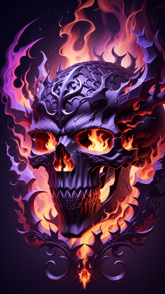 a close up of a skull with flames on it, fantasy skull, fiery skull contemplating life, flaming skull, adorned with demon skulls, detailed digital 2d fantasy art, background artwork, detailed cover artwork, dark but detailed digital art, highly detailed dark art, 8k high quality detailed art, sacred skull, detailed fantasy digital art, avatar image, detailed game art illustration, full size