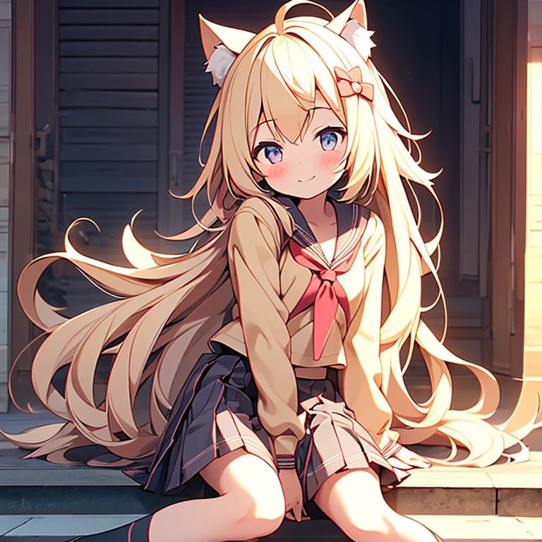 best quality, girl, (li), kawaii, long hair, blonde hair, light smile, ((small breasts)), (turning around), (pleated_skirt), looking back, sitting, seifuku, full body,