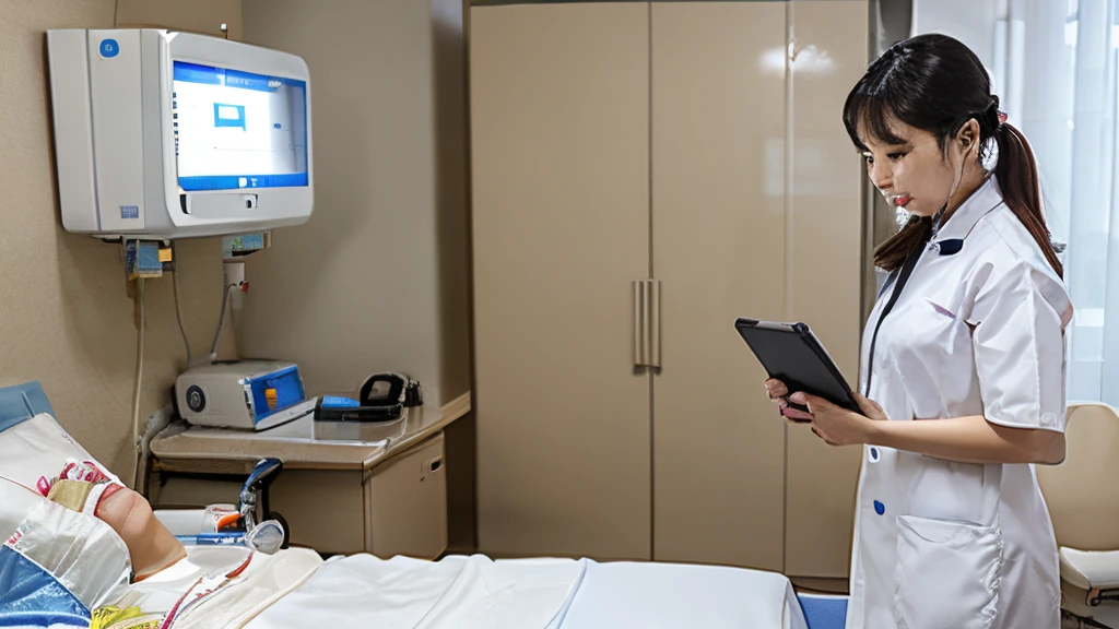 Hospital Dialysis Center, Chinese Female Doctor, Clear Facial Features, Standing next to a Belong Dialysis Machine, Adjusting Treatment Plan on an iPad, Patient lying on the Bed, Receiving Treatment, Clear View of the Entire iPad Screen, Displaying Panoramic View of the Ward, 3D