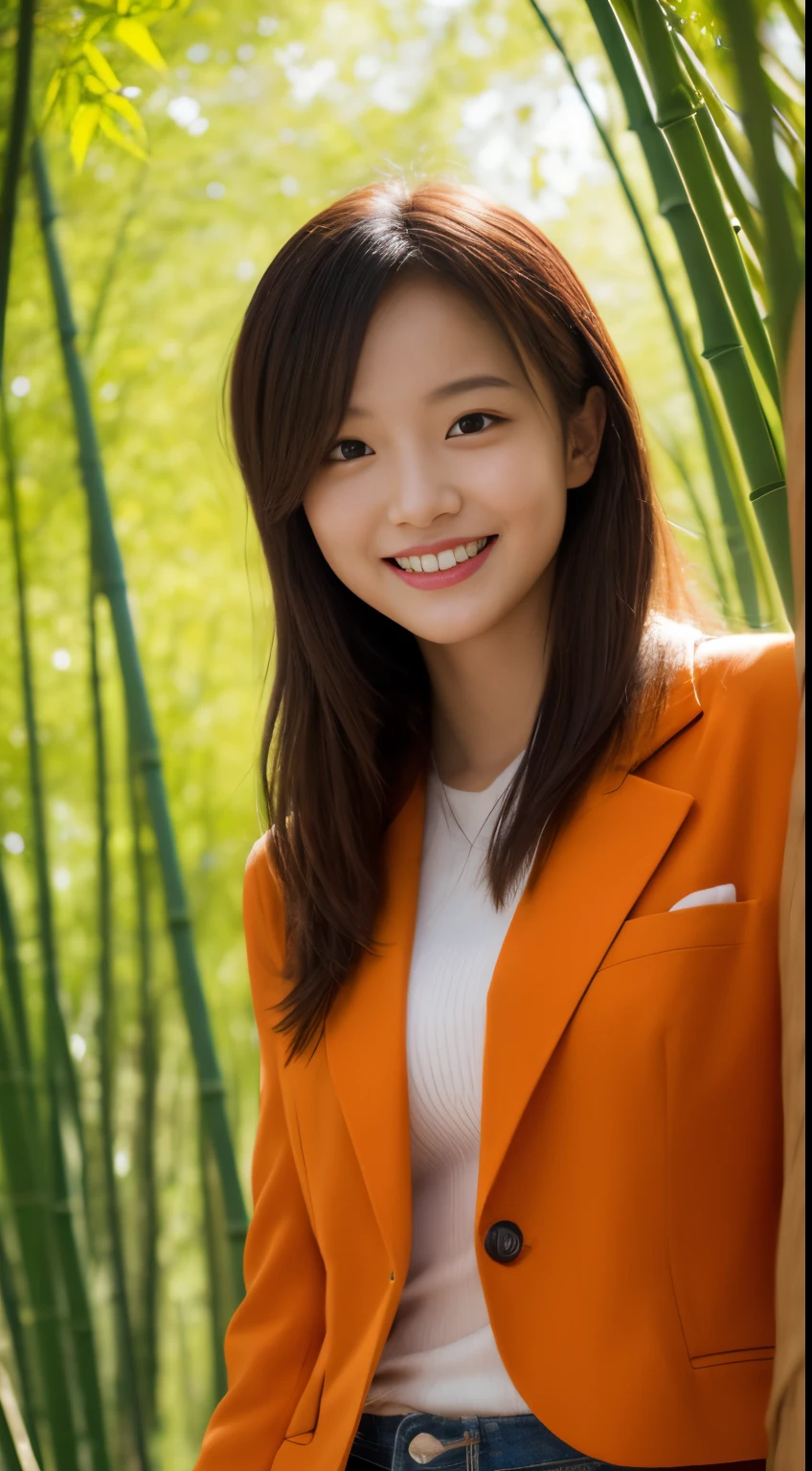 On a vibrant autumn afternoon,Figure 1 is from the highest quality 8K masterpiece.3,Shows a 19 year old girl。She is wearing an orange blazer and skinny jeans,Sitting quietly in the bamboo forest。Sunlight shines through mottled bamboo leaves,A layer of soft light and shadow enveloped her body。Her skin looks fairer in the sun,Contrast with orange blazer。 from this angle,we can see the girl'of the whole body。She is slim and healthy,This sportswear suits her figure very well,show her energetic image。Her legs spread naturally,Cross your hands at your waist,appear confident and powerful。 That girl'The eyes are bright and determined,smiling and looking into the camera,It seems to be telling a story about struggle and hard work.。Her smile is like the autumn sunshine shining in the bamboo forest,Make people feel the vitality of youth and vitality of life。in this picture,We seem to feel her inner determination and love for life。 Surrounded by dense bamboo forest,Abundant greenery,The river is gurgling,Create dynamic scenes with girls。This scene is like a passionate poem,Telling about the beautiful time in autumn afternoon。