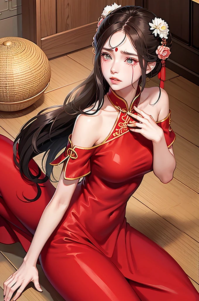 a girl is sad, Beautiful eyes with tears, sad，cparted lips，long whitr hair，Red dress，Chinese-style clothing，