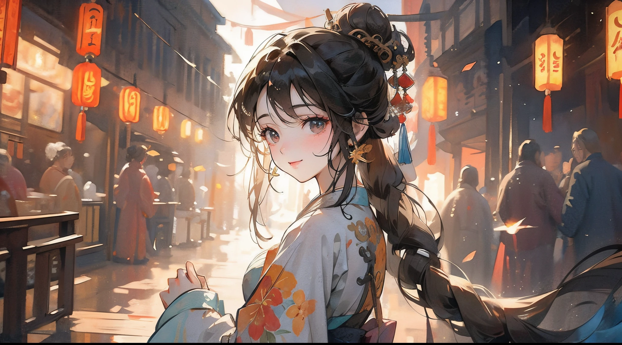 Anime girl in a kimono outfit walking down a street - SeaArt AI