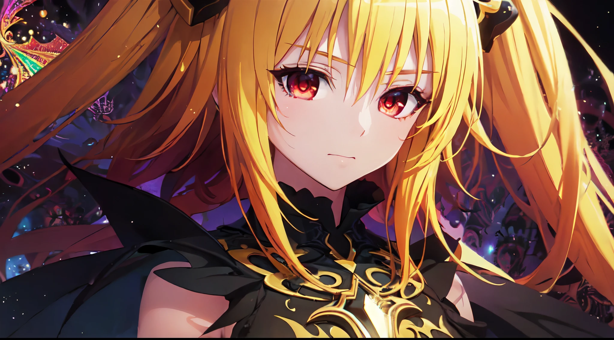 Yami the Golden Darkness, Long yellow hair, intricate black dress, cute red eyes, (masterpiece, top quality, best quality, official art, beautiful and aesthetic:1.2), (1girl), extreme detailed,(fractal art:1.3),colorful,highest detailed, 2d anime digital painting, astral caligraphy background