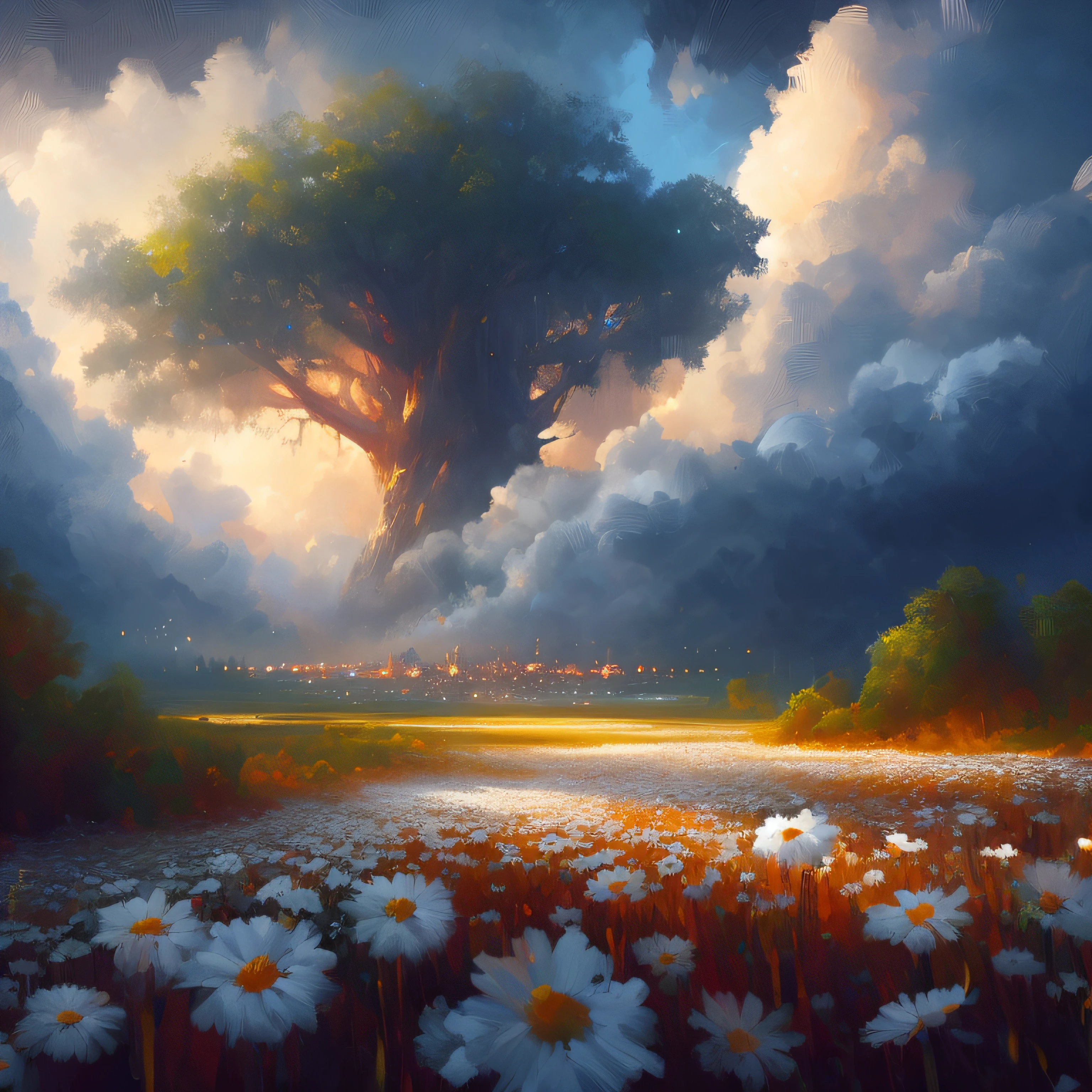 painting of a field of daisies and a tree with cloudy sky, Arte bonita UHD 4K, whimsical fantasy landscape art, Arte digital altamente detalhada em 4k, paisagem de arte de fantasia, magical landscape, paisagem de sonho, Pintura digital fosca 4K HD, pintura digital bonita, pintura de paisagem de fantasia, WLOP e RHADS, Pintura digital de fantasia, epic dreamlike fantasy landscape, Add a dragon cave to the center of the tree, a blue magic emanates from her