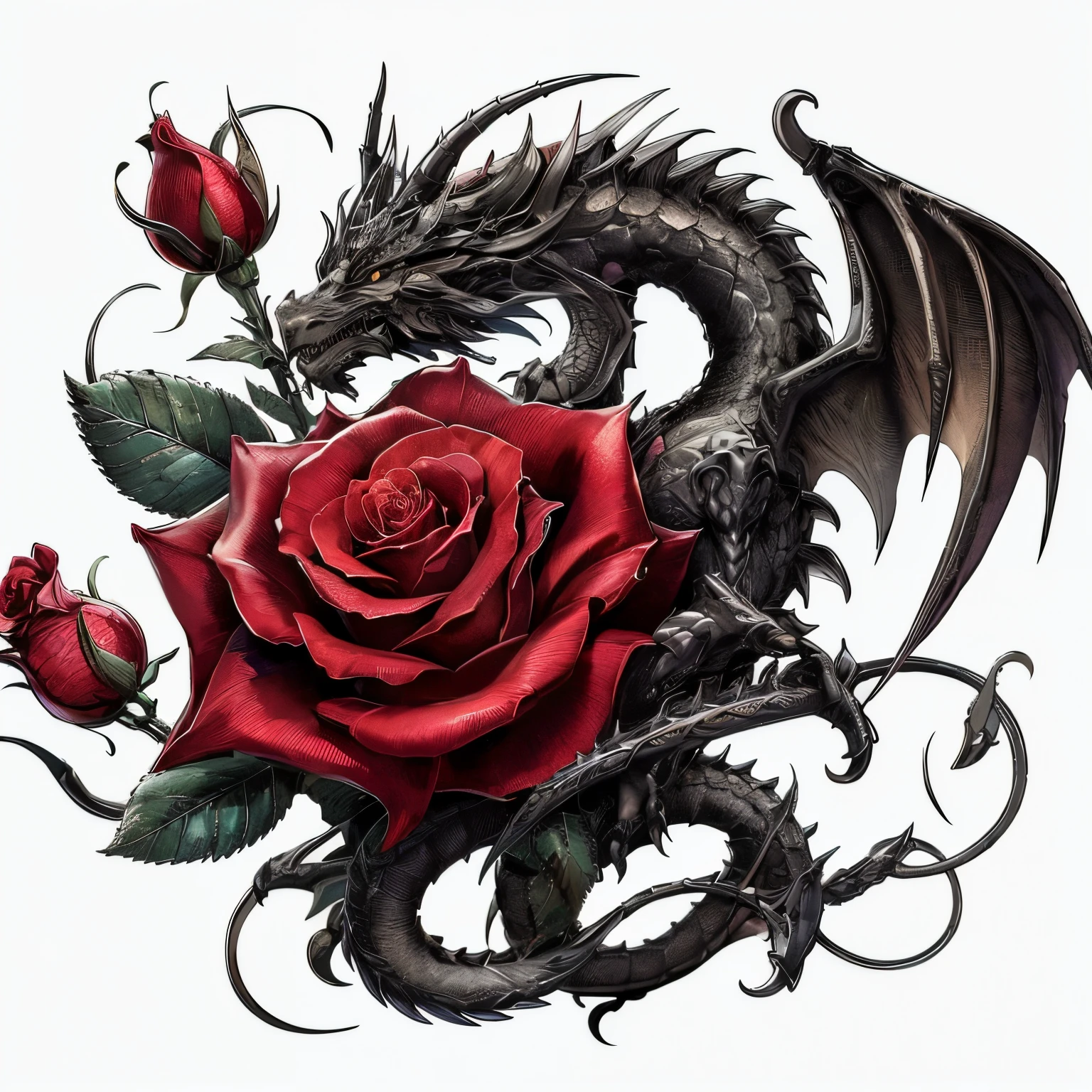 Close-up of a dragon carrying a rose on its back, a majestic gothic dragon, Majestic Gothic Indian dragon, Rose tattoo, in the style of Anne Stokes, Gothic tattoo, dragon with scars, by Anne Stokes, dragon art, Black Rose, Sensual and beautiful incubus, highly detailed digital artwork, 3D designs for tattoos, Detailed Dragon, Black Dragon