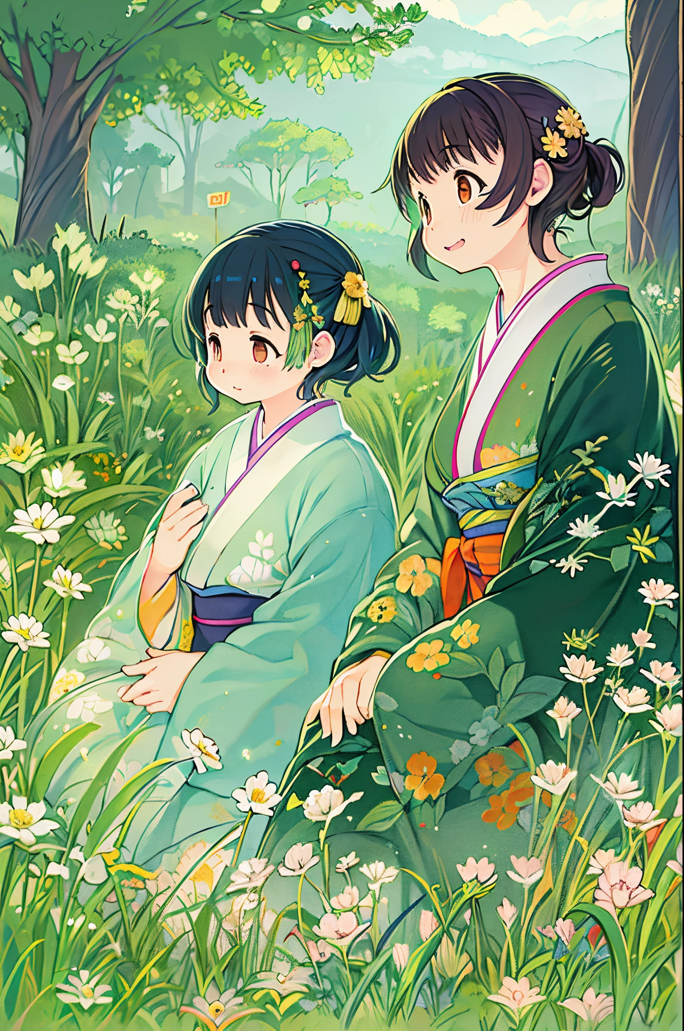 fairytale illustration/Reiko Ikemura, pixabay, simple art, full color illustration, Cute fairy tale illustration, Picture book illustration, Illustration, Hayao Miyazaki's style, In the field, Kimono, Kimono、Two girls、lesbian