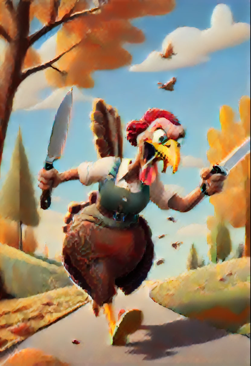 Woman chases turkey with knife,cartoony