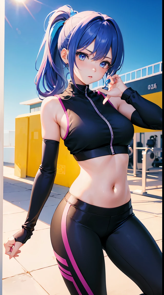 , 1girl, anime style, skinny body, Anime girl wearing sport bra with cover up jacket, leggings, light golden long ponytail hair, blue eyes colour, pose picture of her cute pose, straight on inside the gym, anime art wallpaper, detailed, 8k, high quality