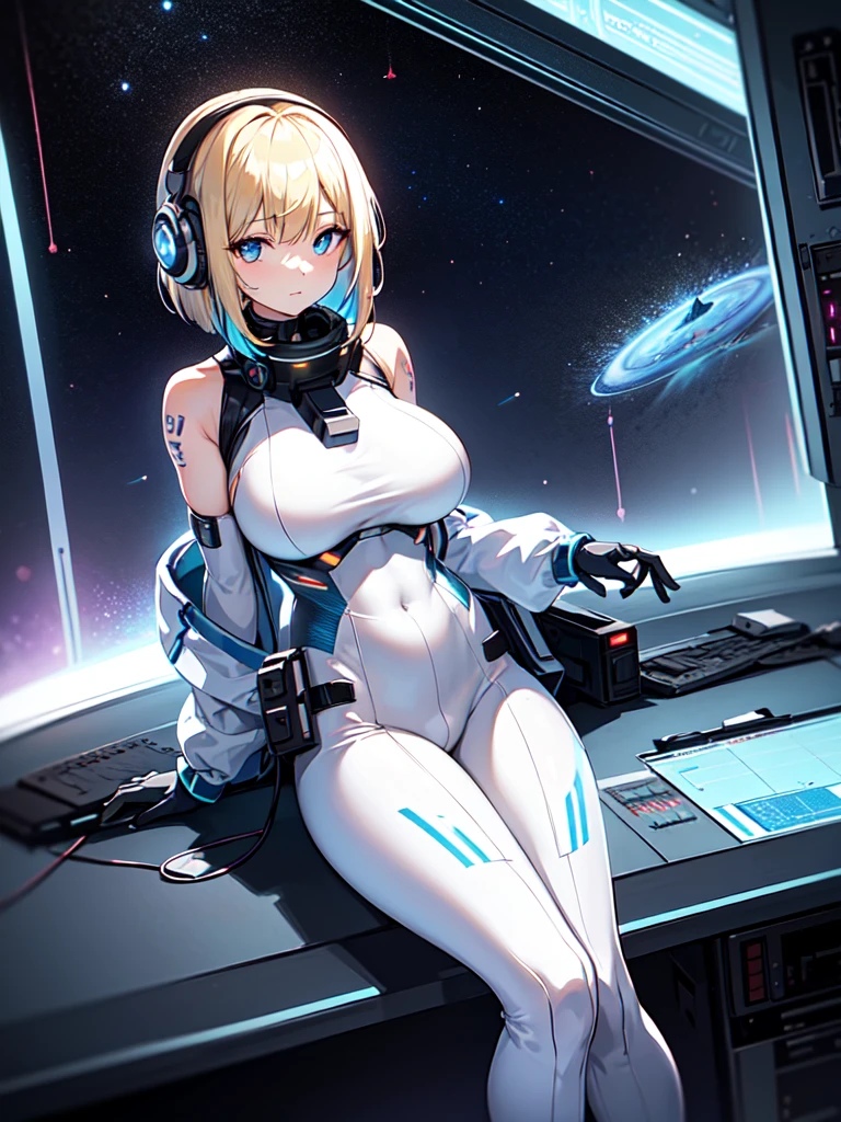 masterpiece:1.4, 1girl in ((20yr old, Wearing a futuristic white and silver costume, Tight Fit Bodysuit, long boots, Very gigantic-breasts, Multicolored blonde hair, a short bob, Perfect model body, Blue eyes:1.4, Wearing headphones, Flirting, Looking out the window of the futuristic sci-fi space station、While admiring the beautiful galaxy:1.2, SFSF control room on night background:1.1, Neon and energetic atmosphere:1.2)) ((Galaxy)) ((Solo:1.6))