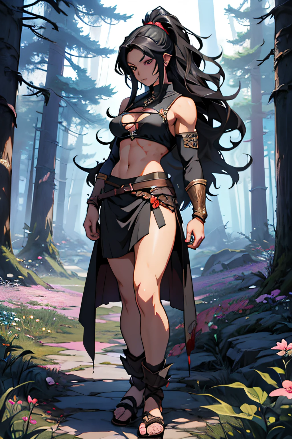 anime woman with wavy black hair, barbarian outfit cloth, long hair, blood, stealth digital dungeons and dragons, detailed digital anime art, digital forest, flowers, wild flowers, nature background, forests - anime art, aesthetic, anime, 4k anime wallpaper, Full body with abs, Muscular woman, fantasy style, detailed eyes,