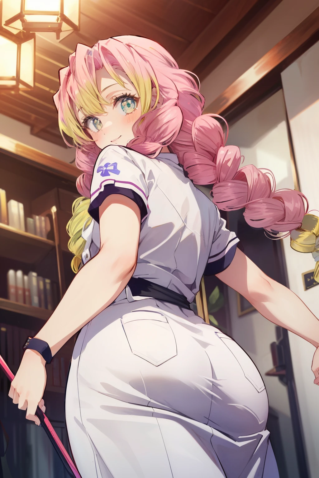 (obra maestra, mejor calidad), 1girl, MitsuriKanroji, from below, smiling, nurse, ass, viewed behind, low angle, head turning back